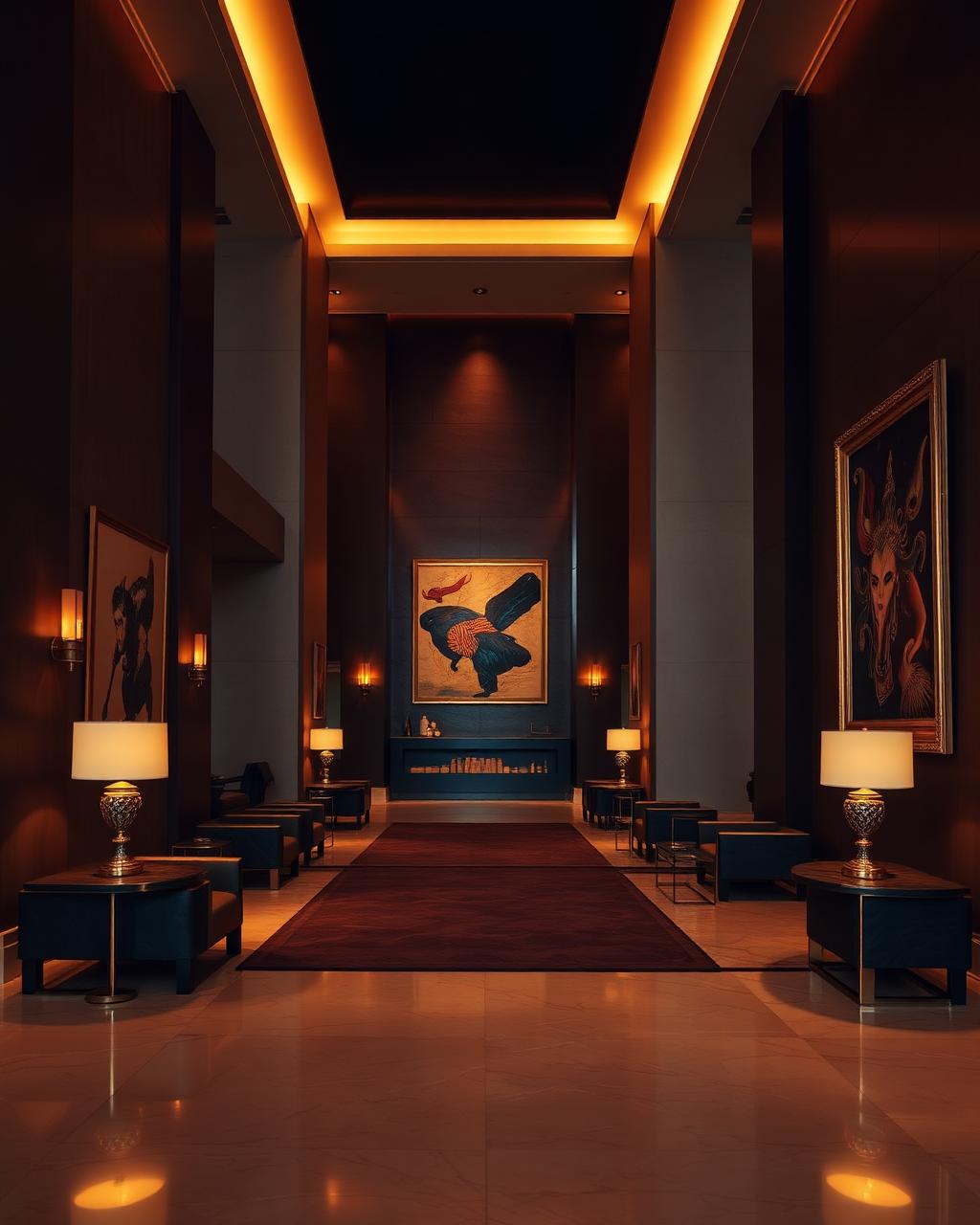 Luxury hotel lobby interior with warm lighting and Nigerian art